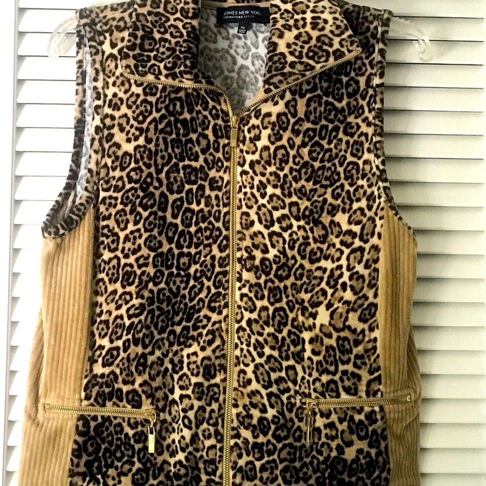 leopard print zipper vest, size: medium petite with corduroy sides panels.